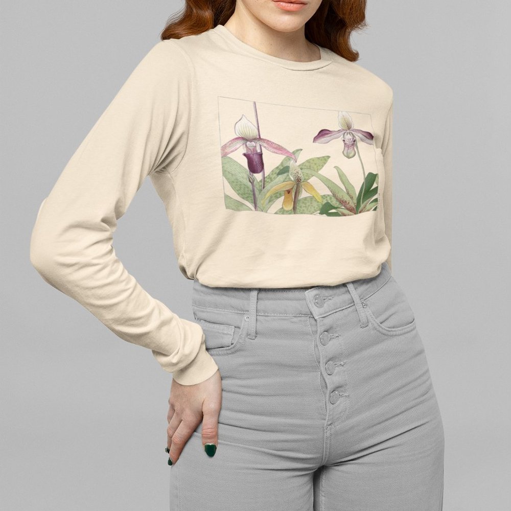 Japanese Slipper Orchids Ukyio-e Print Long Sleeve Graphic Tee T-shirt S M L XL